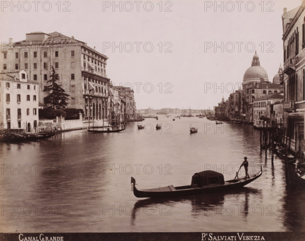 Canal Grande, Gondolas and sailing ships on the Grand Canal in Venice, photograph, inscription: