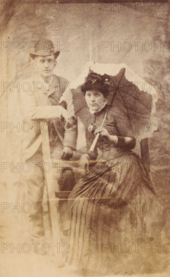 Portrait of an unknown woman with parasol and an unknown man, photograph, carte-de-visite, 1851 -