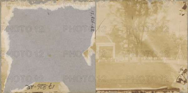 Park with building, stereograph, Originally this object was a stereophoto, but the left photo has