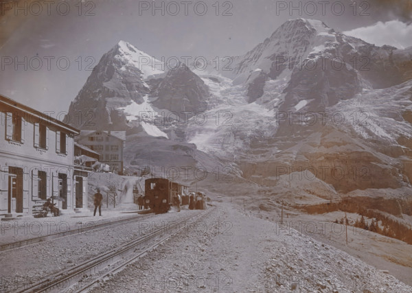 Wengernalp with Eiger and Mönch, View of a railway track in Wengen at the foot of the Eiger and the