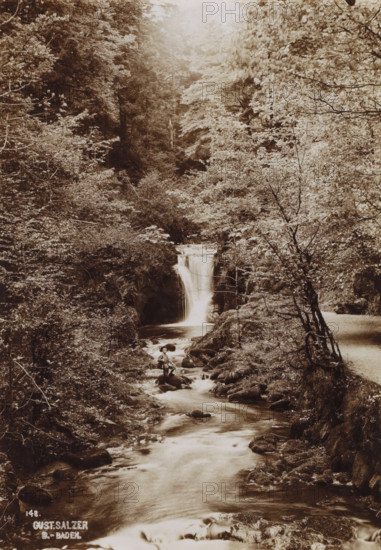 Waterfall with standing boy, photograph, date: '1903', inscription: '148., Gust. Salzer, B.-Baden