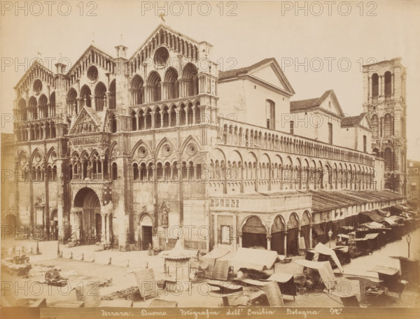 Ferrara, Duomo, View of the west facade of the cathedral in Ferrara and a market in the square,