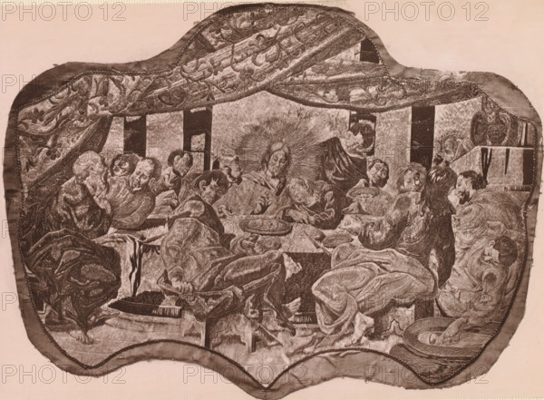 Part of a silk embroidery depicting the Last Supper, A piece of silk embroidery, representing the