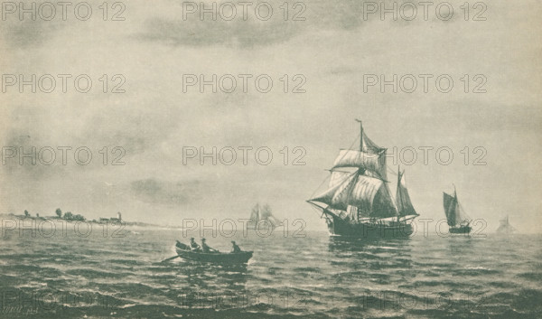 Reproduction of a painting of a seascape with ships off the coast, reproduction, page,