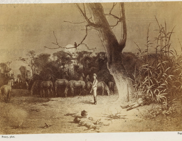 Photo reproduction of a drawing of a camp in the Australian outback, Jack devait dormir le premier,