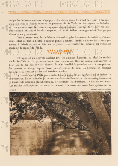 View of the Pinios in the Tempedal, Tempé, le Penée sous les platanes, page, photomechanical print,