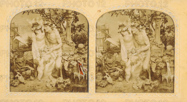 Mythological figures, presumably made of wax, for a backdrop, tissue stereograph, Europe, c. 1850 -