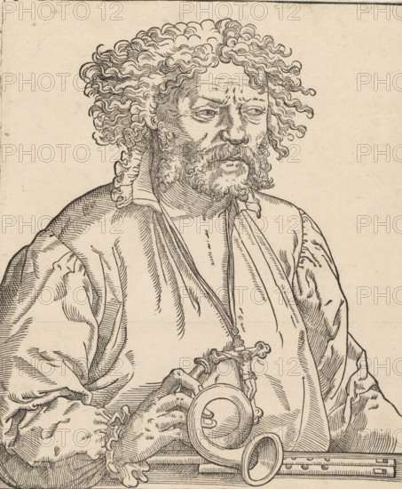Portrait of an unknown man with a cross on a chain and a horn, print, album page, Print is part of
