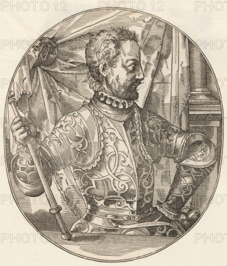 Portrait of Henry II, King of France, print, album page, book illustration, Print is part of an