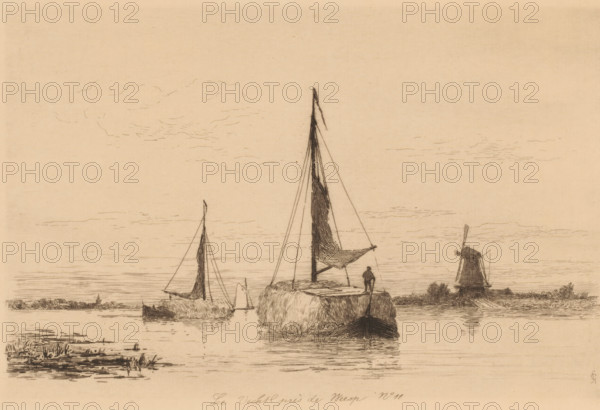 The Vecht near Weesp (original title on object), Hollande (original series title), print, Boats