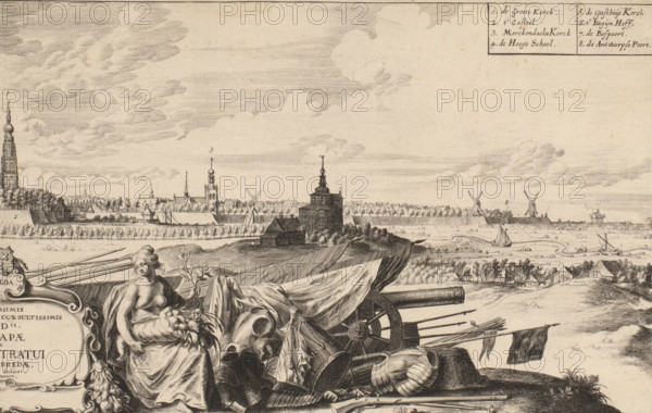 View of Breda from the northwest (right sheet), print, The personification of abundance sits next