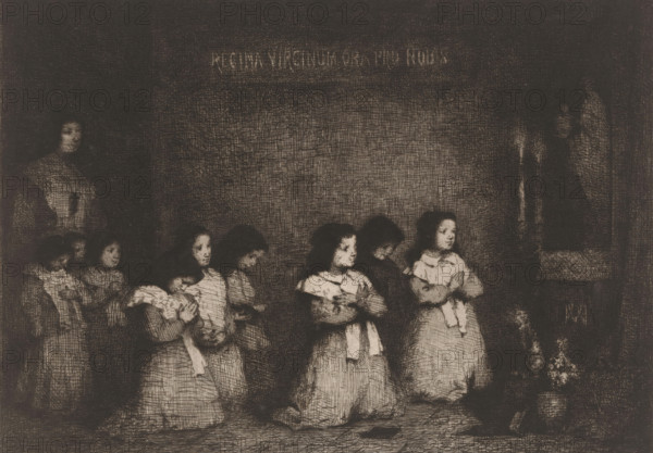 The Prayer, Group of girls in prayer before a statue of the Virgin Mary, Eaux-Fortes Modernes: