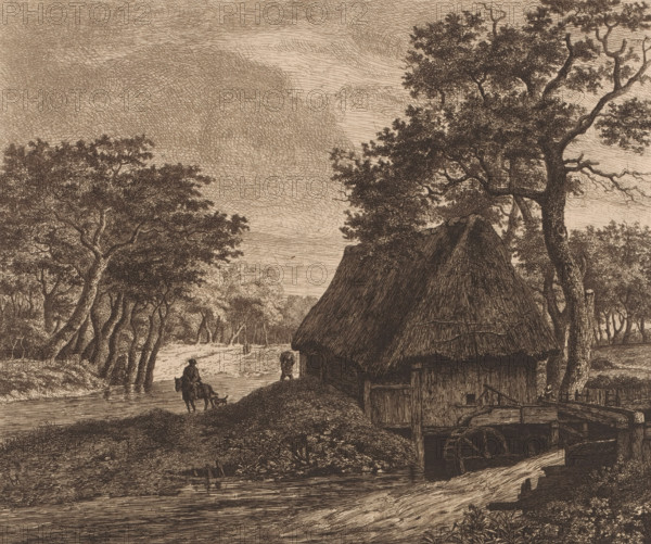 Landscape with watermill, print, printmaker: Jean Théodore Joseph Linnig, after design by Meindert