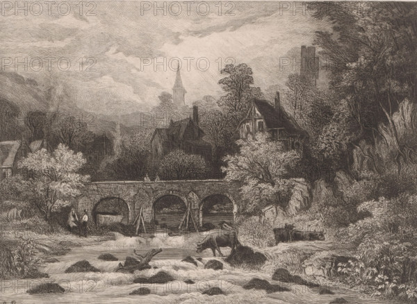 Landscape with village in a mountain valley along a river with bridge, print, printmaker: Auguste