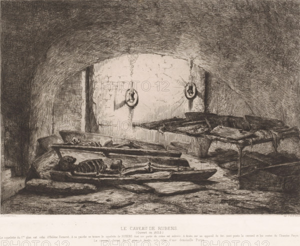 Rubens' burial vault with two skeletons in an open coffin, Le caveau de Rubens (ouvert en 1855),