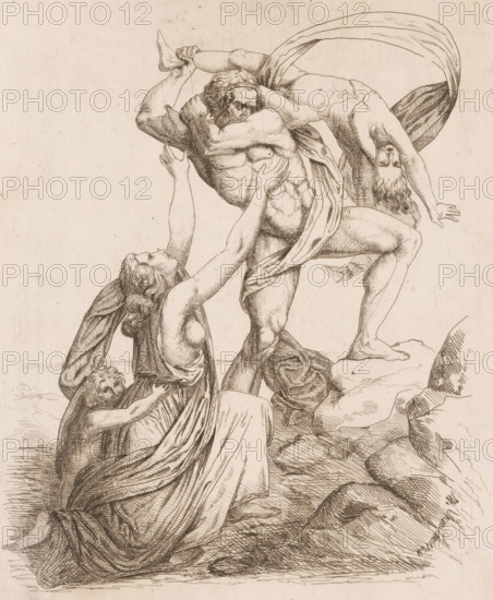Achilles slams Astyanax against the rocks, print, printmaker: Heinrich Vianden, Germany (possibly),