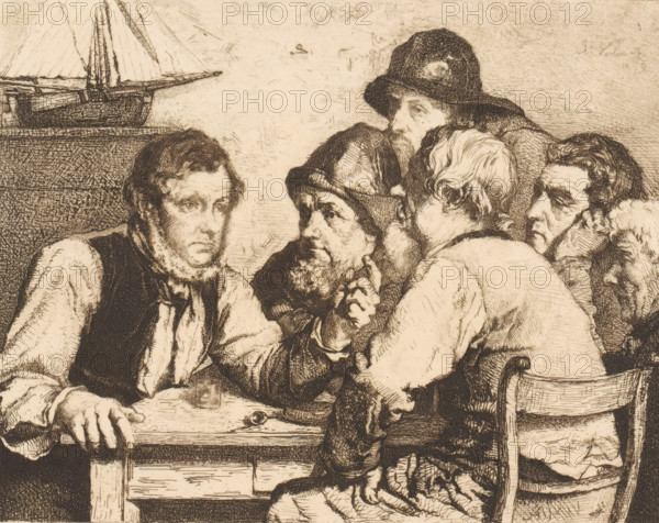 Sailors seated at a table listening to one of them, print, printmaker: Piet Verhaert, 1879, paper,