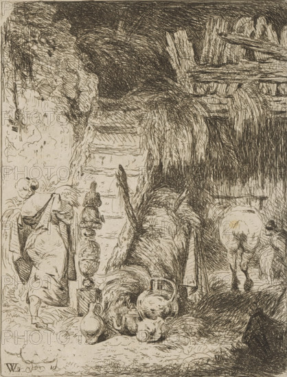 Farmer's wife in a barn walking up a staircase, print, printmaker: Willem Linnig (II), 1852 - 1889,