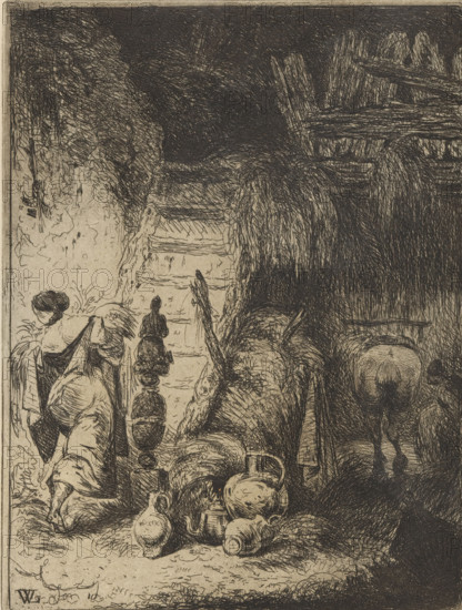 Farmer's wife in a barn walking up a staircase, print, printmaker: Willem Linnig (II), 1852 - 1889,