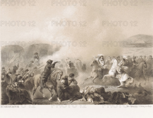 Captain Ossenbroek wounds Condé with a pistol shot, The Two Pistol Shots, print, book illustration,