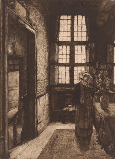Lady in an interior arranging flowers, print, mark: 'Antwerpsche Etsers 1880', printmaker: Léon
