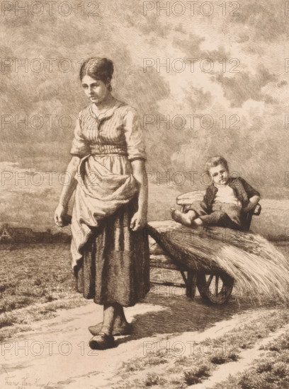 Woman walking across the field with a wheelbarrow of hay and a child, print, mark: 'Antwerpsche