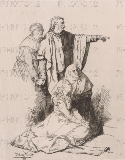 Two men, one pointing, standing behind two women seated on the ground, print, printmaker: Juliaan
