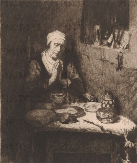 Old woman in prayer, print, inscription: 'Ongen. 893-894', printmaker: Henriëtte de Vries,