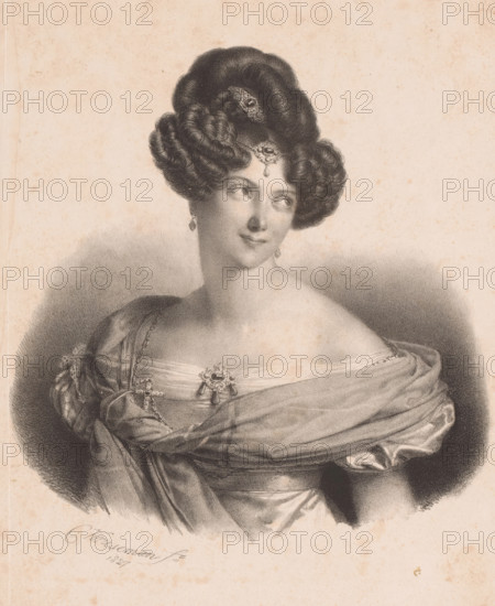 Portrait of Henriette Sontag, print, The sitter wears jewelry in her hair, on her forehead, and