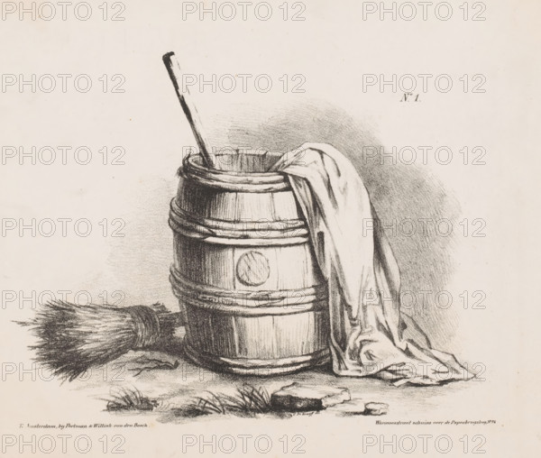 Wooden barrel with broom and cloth, Landscapes as examples for young artists, print, Series number,