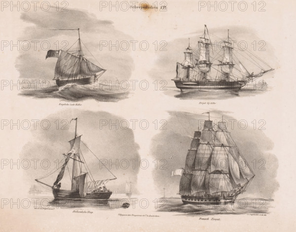 English Pilot Cutter, Frigate in calm, Dutch Sloop, French Frigate, Four ships, Ship studies,