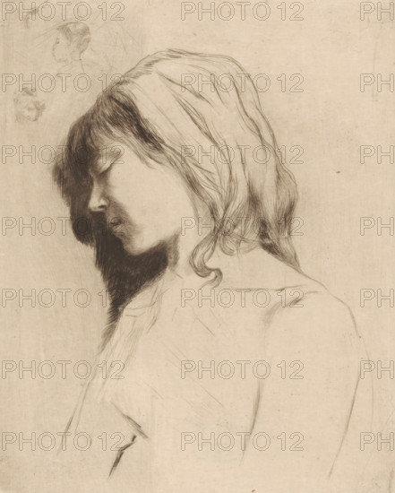 Profil de jeune fille (original title), Young girl with closed eyes, in profile, print, Top left