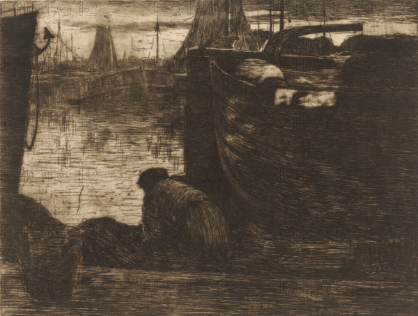 At the quay (original title), Man at the quay of a harbor, print, printmaker: Willem de Zwart