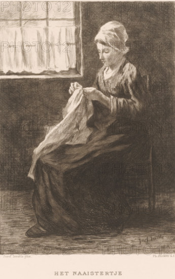 The Little Seamstress, print, printmaker: Philip Zilcken, after painting by Jozef Israëls, printer