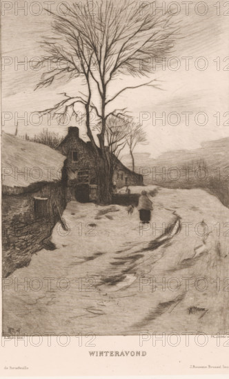 Winter evening (original title on object), print, Farms along a road with bare trees, on the road a