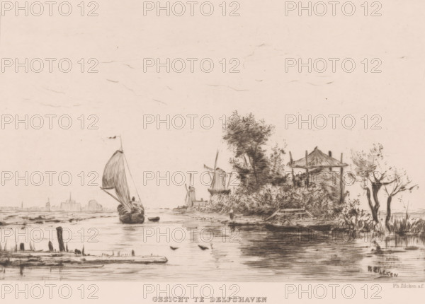 View of Delfshaven (original title on object), print, Water landscape with sailboat, windmills, a