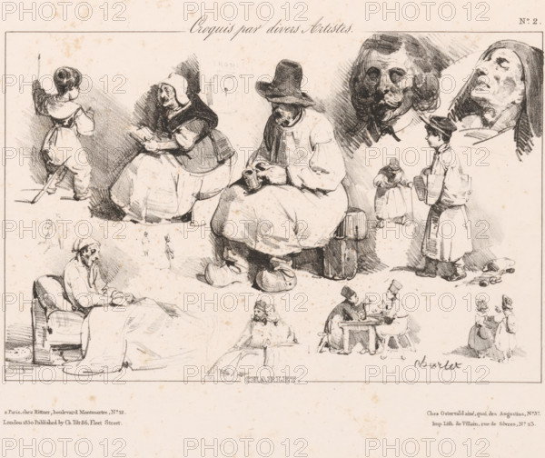 Sketch sheet with various figures, Sketches by various artists, Croquis par divers artistes, print,