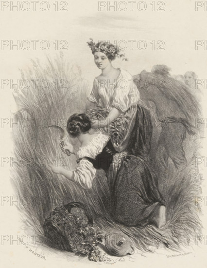 Two women harvesting wheat, print, printmaker: Célestin François Nanteuil, printer (person): Victor