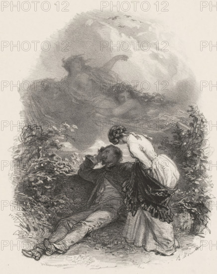 Woman bending over dreaming man outside, print, printmaker: Adolphe Mouilleron, printer (person):
