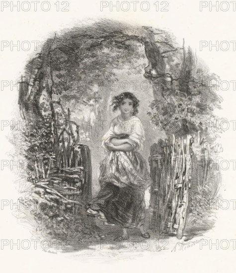 Young woman with apron walks through wooden gate, print, printmaker: Adolphe Mouilleron, printer
