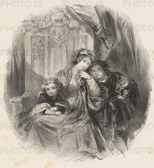 Valentina Visconti on a throne with two young children at her side, print, printmaker: Adolphe