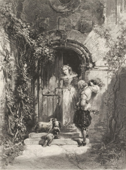 Le page, Page and richly dressed young woman at the door entrance, Contemporary artists, Les