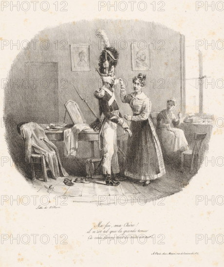 Two women and a soldier in uniform, Ma foi, ma chère! Il n'est tel que la grande tenue, print,
