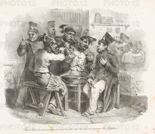 Jean-Jean in conversation with older soldiers, Jean-Jean, les anciens doivent avoir le pas sur toi,