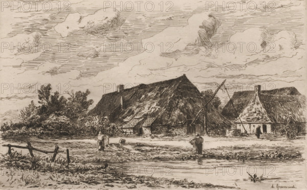 Farm near Kalmthout, Une ferme à Calmpthout (original title), print, In the foreground two women