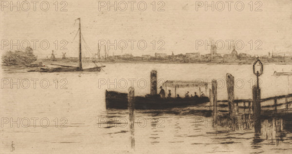 Ferry between Dordrecht and Papendrecht, print, River view with ferry., printmaker: Carel Nicolaas