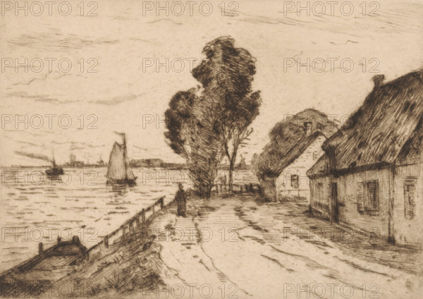 Village view in Kinderdijk, print, On the left a sailboat sails, on the right houses stand along