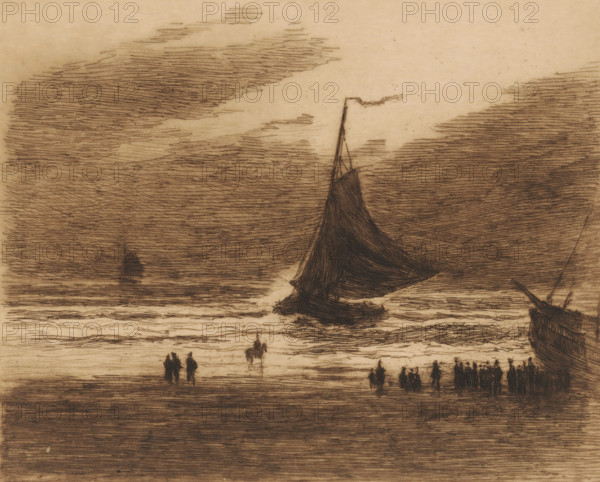 Fishing boat entering the beach, print, A pink returns from fishing in the evening. A group of