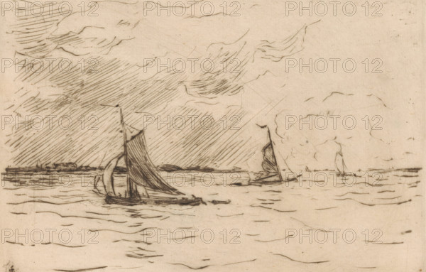 Three sailboats on the Meuse, print, number: '364', printmaker: Carel Nicolaas Storm van
