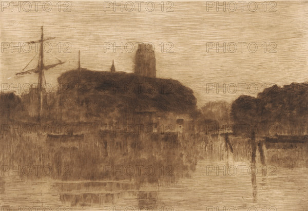 View of the Nieuwe Haven in Dordrecht at evening, print, On the left the mast of a sailing ship. In